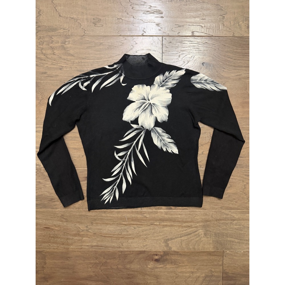 Cache Sweater Women Large Black Polynosic Floral Mock Neck Rhinestone Tropical